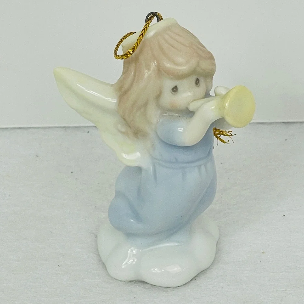 Precious Moments Angel Playing Trumpet Porcelain Christmas Ornament Blue Gown
